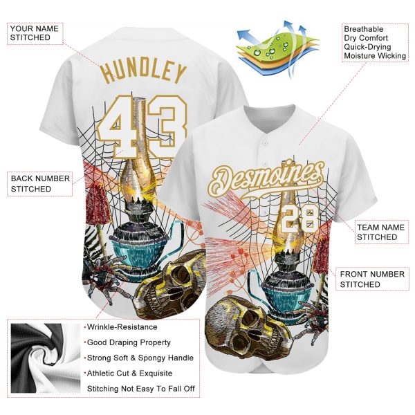 Custom White Old Gold 3D Spider And Skull Fashion Authentic Baseball Jersey - Image 3