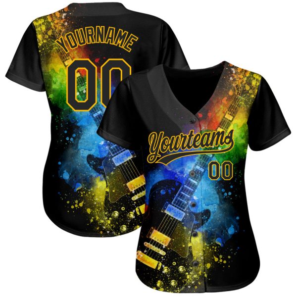 Custom Black Gold 3D Pattern Design Music Festival Guitar With Psychedelic Colors Authentic Baseball Jersey - Image 2