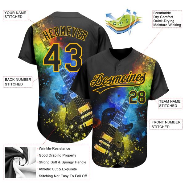 Custom Black Gold 3D Pattern Design Music Festival Guitar With Psychedelic Colors Authentic Baseball Jersey - Image 3