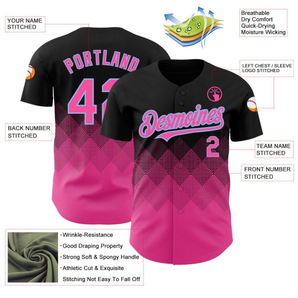 Custom Black Pink-Light Blue 3D Pattern Design Gradient Square Shapes Authentic Baseball Jersey - Image 3