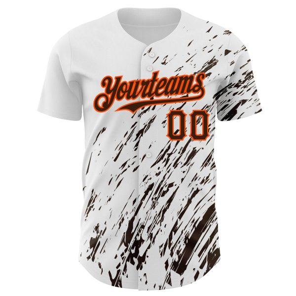 Custom White Brown-Orange 3D Pattern Design Abstract Splash Authentic Baseball Jersey - Image 2