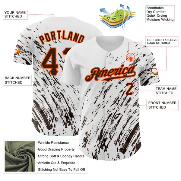 Custom White Brown-Orange 3D Pattern Design Abstract Splash Authentic Baseball Jersey - Image 3