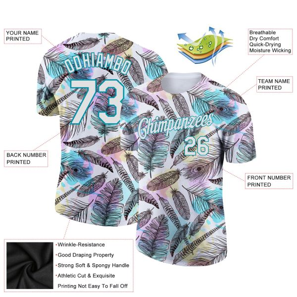Custom White Teal 3D Pattern Design Feathers Performance T-Shirt - Image 2