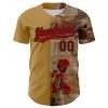 Custom Old Gold Red-Black 3D Pattern Design Gothic Style Rose Authentic Baseball Jersey - Image 2