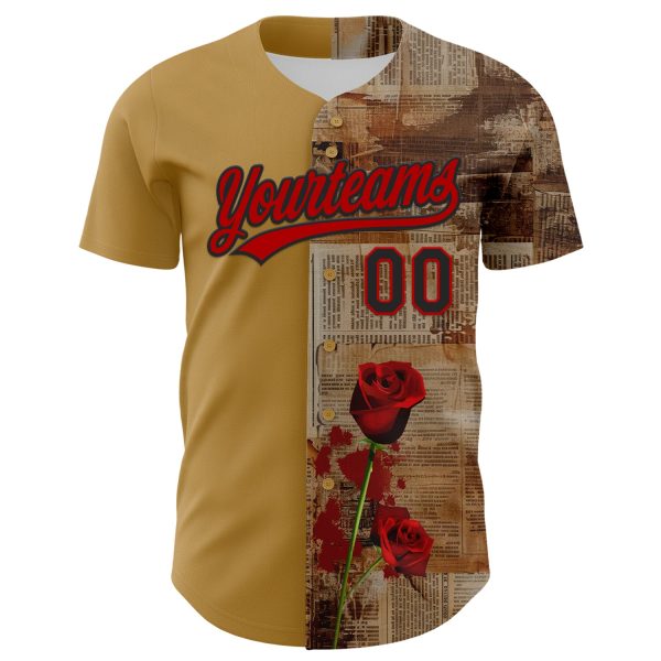 Custom Old Gold Red-Black 3D Pattern Design Gothic Style Rose Authentic Baseball Jersey - Image 2