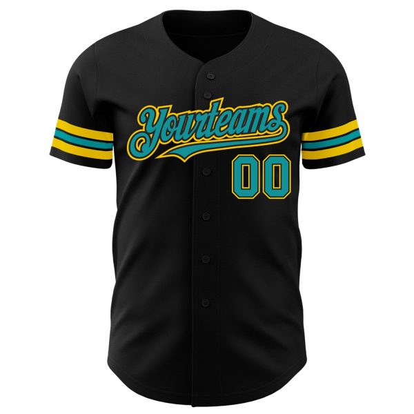 Custom Black Teal-Yellow Authentic Baseball Jersey - Image 2