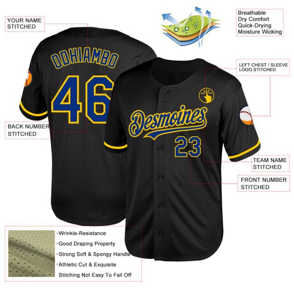Custom Black Royal-Yellow Mesh Authentic Throwback Baseball Jersey - Image 3