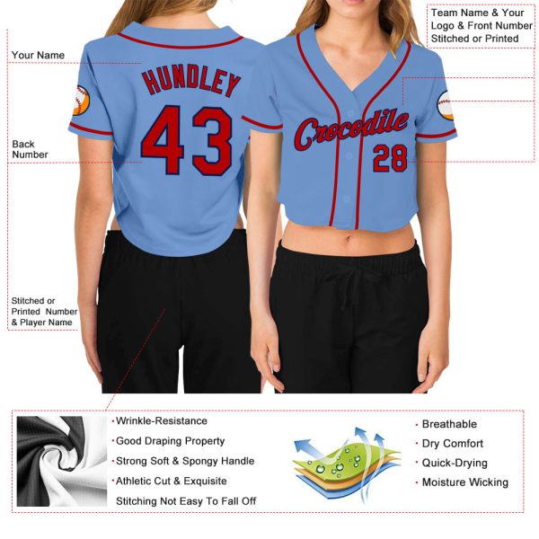 Custom Women's Light Blue Red-Navy V-Neck Cropped Baseball Jersey - Image 3