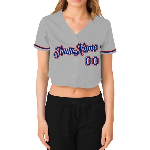 Custom Women's Gray Royal White-Red V-Neck Cropped Baseball Jersey - Image 2
