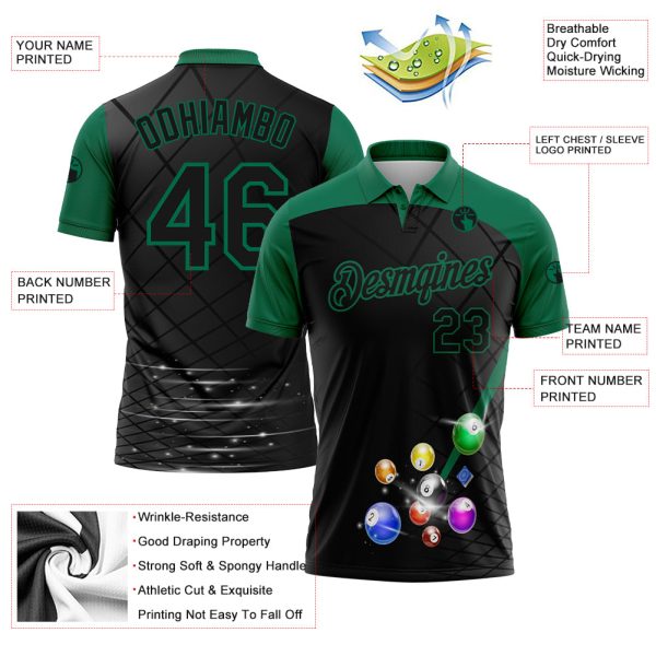 Custom Black Kelly Green 3D Pattern Design Billiards Performance Polo Shirt - Image 2