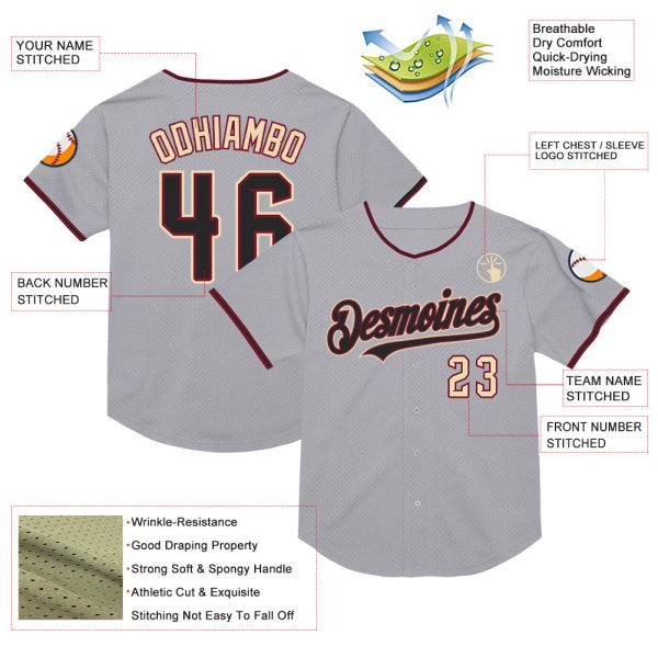 Custom Gray Black Crimson-Cream Mesh Authentic Throwback Baseball Jersey - Image 3