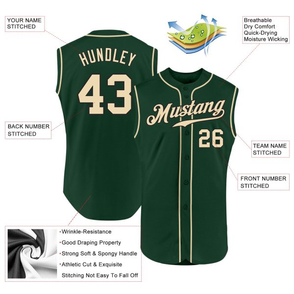 Custom Green Cream-Black Authentic Sleeveless Baseball Jersey - Image 2