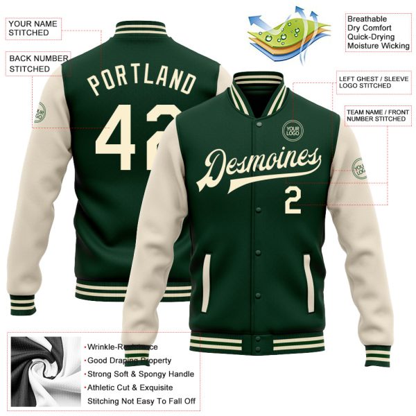 Custom Green Cream Bomber Full-Snap Varsity Letterman Two Tone Jacket - Image 3