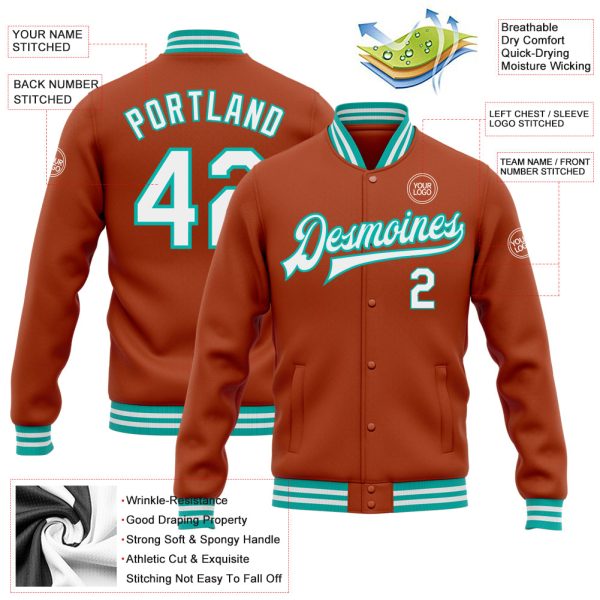 Custom Texas Orange White-Aqua Bomber Full-Snap Varsity Letterman Jacket - Image 3