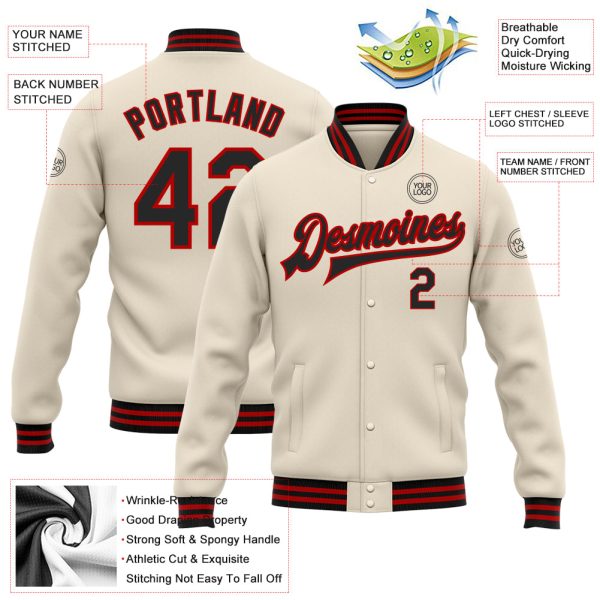 Custom Cream Black-Red Bomber Full-Snap Varsity Letterman Jacket - Image 3