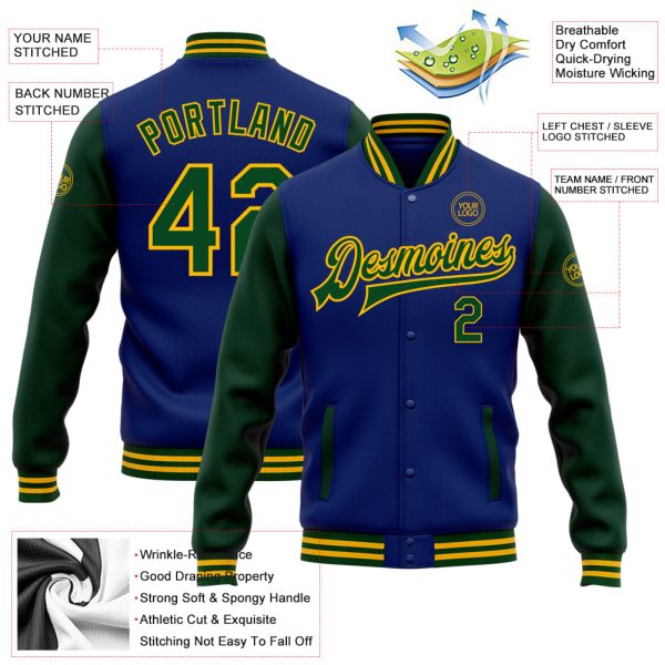 Custom Royal Green-Gold Bomber Full-Snap Varsity Letterman Two Tone Jacket - Image 3