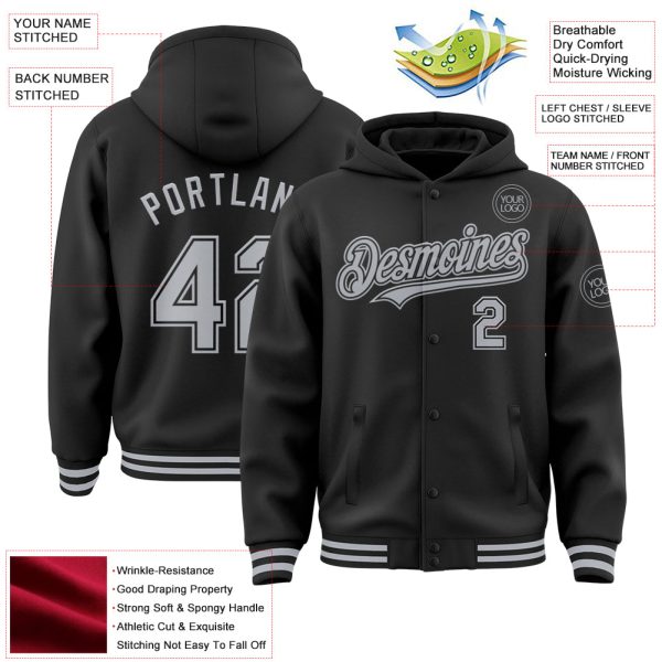 Custom Black Gray Bomber Full-Snap Varsity Letterman Hoodie Jacket - Image 3