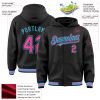 Custom Black Pink-Sky Blue Bomber Full-Snap Varsity Letterman Hoodie Jacket - Image 3
