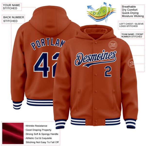 Custom Texas Orange Navy-White Bomber Full-Snap Varsity Letterman Hoodie Jacket - Image 3