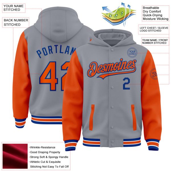 Custom Gray Orange-Royal Bomber Full-Snap Varsity Letterman Two Tone Hoodie Jacket - Image 3