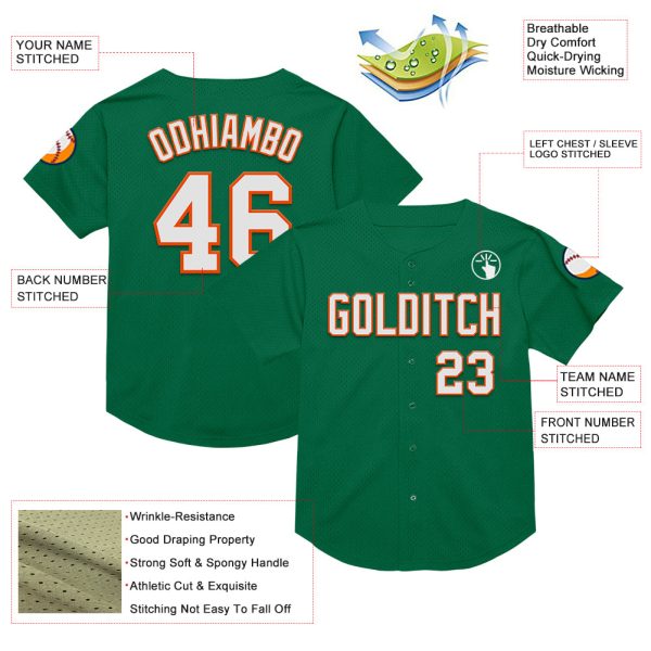 Custom Kelly Green White-Orange Mesh Authentic Throwback Baseball Jersey - Image 3