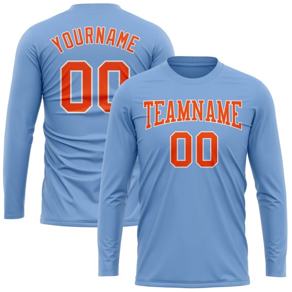 Custom Light Blue Orange-White Long Sleeve Performance T-Shirt - Image 2