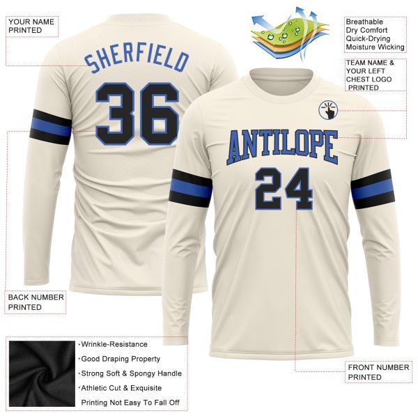 Custom Cream Black-Blue Long Sleeve Performance T-Shirt - Image 3