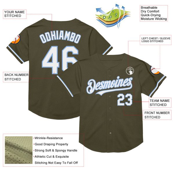 Custom Olive White-Light Blue Mesh Authentic Throwback Salute To Service Baseball Jersey - Image 3