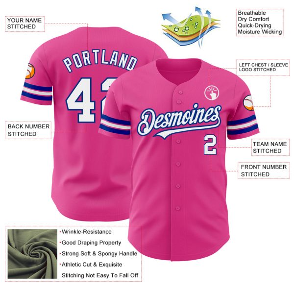 Custom Pink White-Royal Authentic Baseball Jersey - Image 3