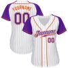 Custom White Purple Pinstripe Purple-Orange Authentic Raglan Sleeves Baseball Jersey - Image 2