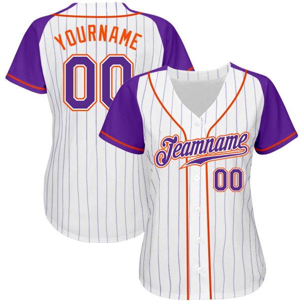 Custom White Purple Pinstripe Purple-Orange Authentic Raglan Sleeves Baseball Jersey - Image 2