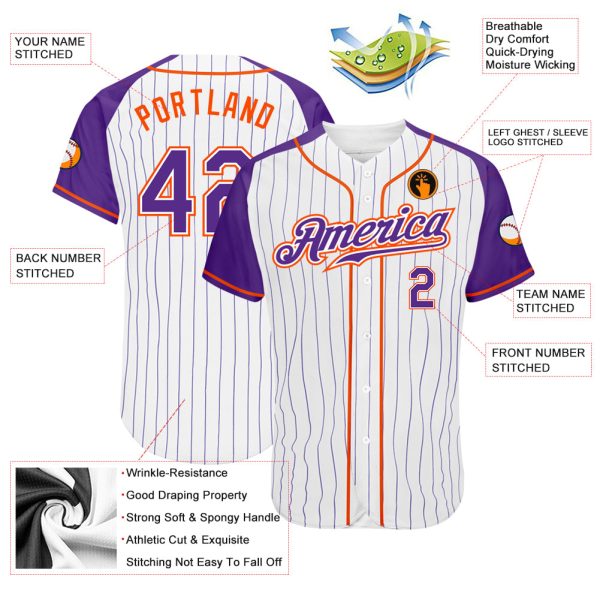 Custom White Purple Pinstripe Purple-Orange Authentic Raglan Sleeves Baseball Jersey - Image 3