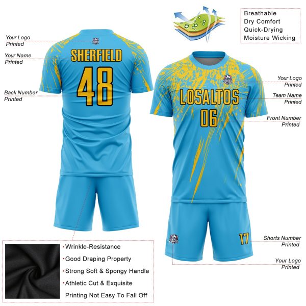 Custom Sky Blue Yellow-Black Sublimation Soccer Uniform Jersey - Image 3