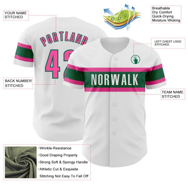 Custom White Pink-Kelly Green Authentic Baseball Jersey - Image 3