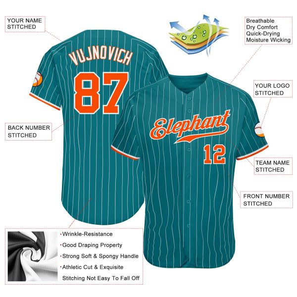 Custom Teal White Pinstripe Orange-White Authentic Baseball Jersey - Image 3