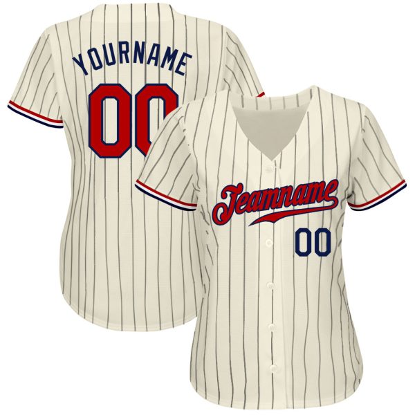Custom Cream Navy Pinstripe Navy-Red Authentic Baseball Jersey - Image 2