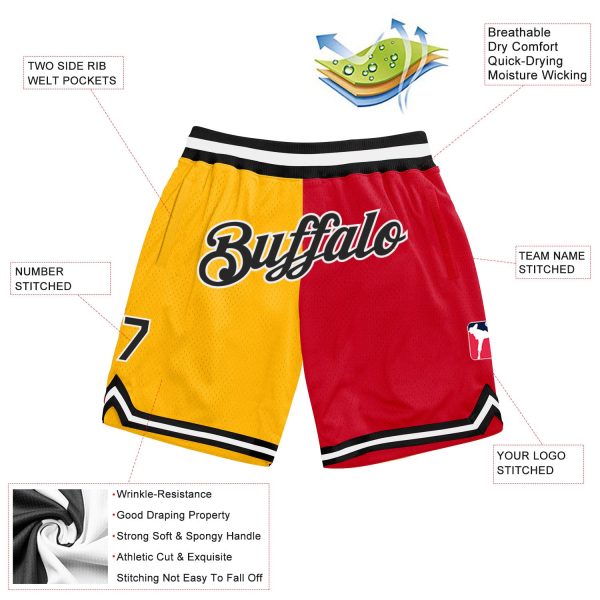 Custom Gold Black-Red Authentic Throwback Split Fashion Basketball Shorts - Image 2
