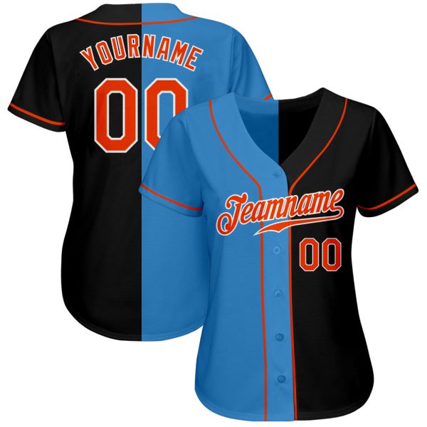 Custom Black Orange-Powder Blue Authentic Split Fashion Baseball Jersey - Image 2
