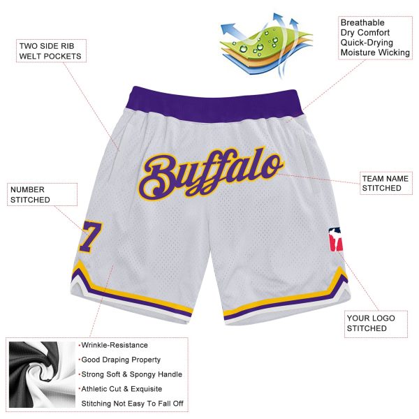 Custom White Purple-Gold Authentic Throwback Basketball Shorts - Image 2
